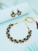 Thumbnail for Tehzeeb Creations Black & White Gold Pleated Stone Studded Necklace With Earrings - Distacart