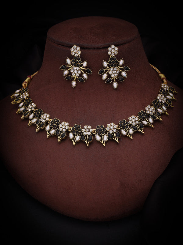 Tehzeeb Creations Black & White Gold Pleated Stone Studded Necklace With Earrings - Distacart