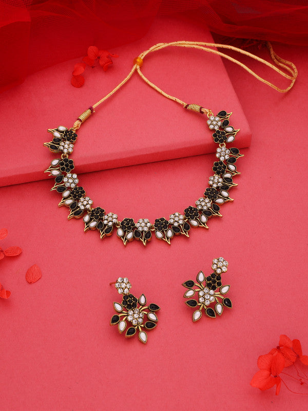 Tehzeeb Creations Black & White Gold Pleated Stone Studded Necklace With Earrings - Distacart