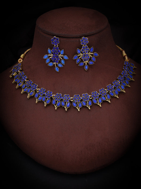 Tehzeeb Creations Blue Colour Gold Pleated Stone Studded Necklace With Earrings - Distacart