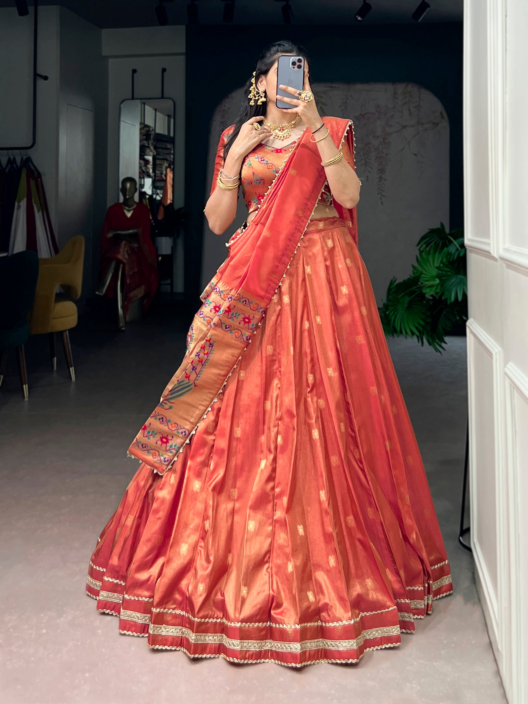 Lorenvalley Fashion Coral Shimmer Zari Weaving Work With Less Touch Up Lehenga Choli With Dupatta - Dista