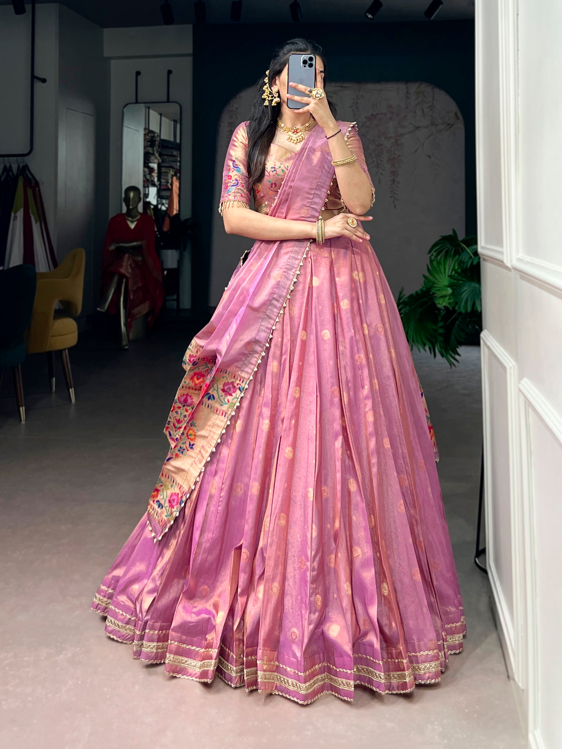 Lorenvalley Fashion Light Pink Shimmer Zari Weaving Work With Less Touch Up Lehenga Choli With Dupatta - Dista