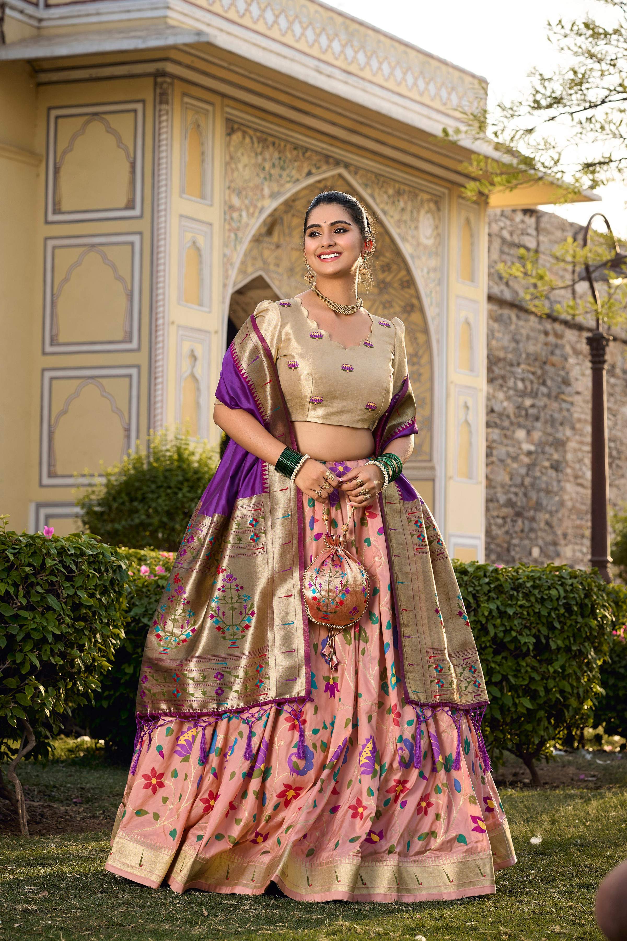 Lorenvalley Fashion Peach Jacquard Silk Paithani Weaving Zari Work Lehenga Choli with Dupatta