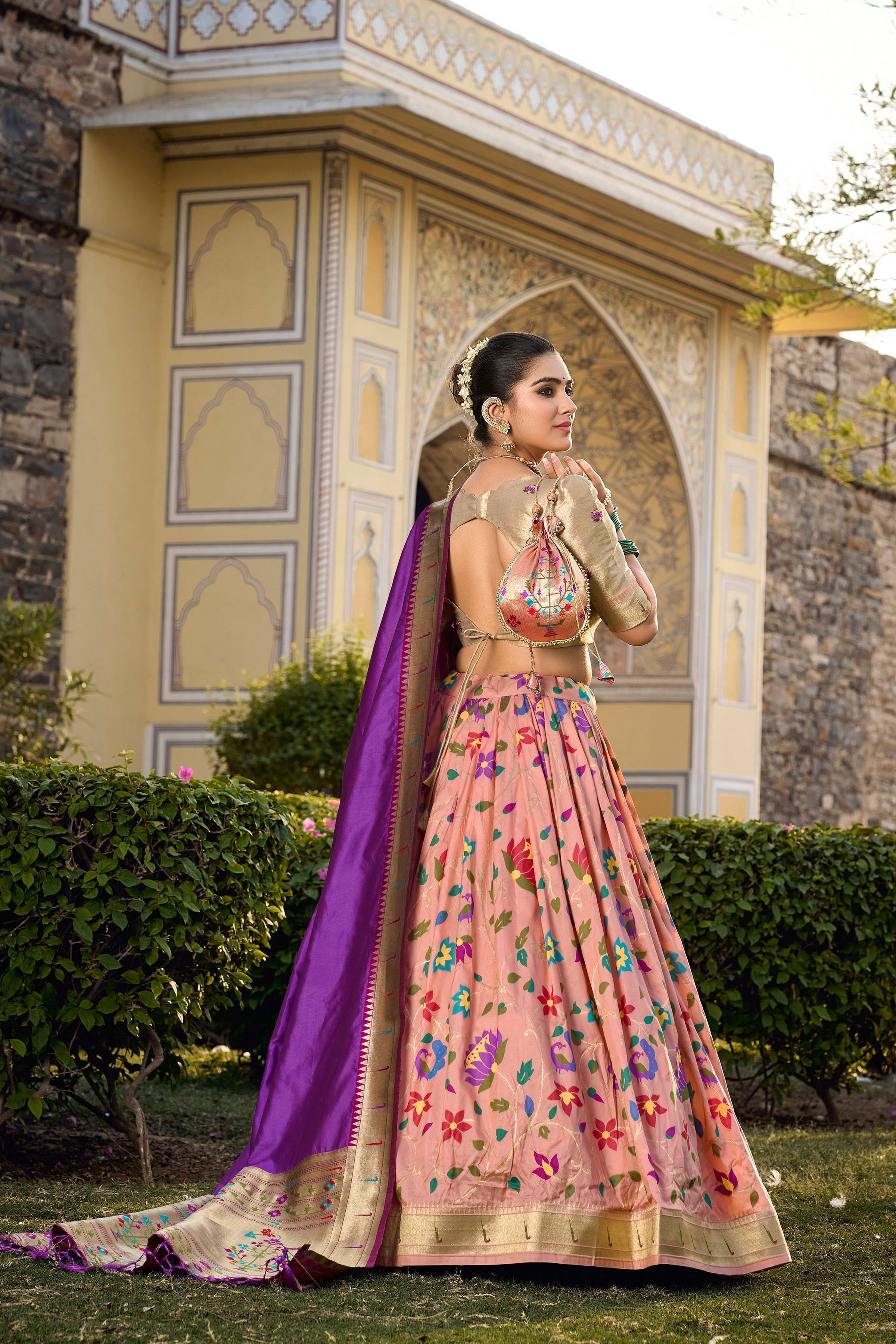 Lorenvalley Fashion Peach Jacquard Silk Paithani Weaving Zari Work Lehenga Choli with Dupatta