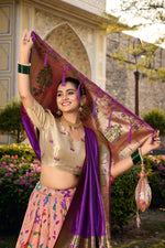 Thumbnail for Lorenvalley Fashion Peach Jacquard Silk Paithani Weaving Zari Work Lehenga Choli with Dupatta