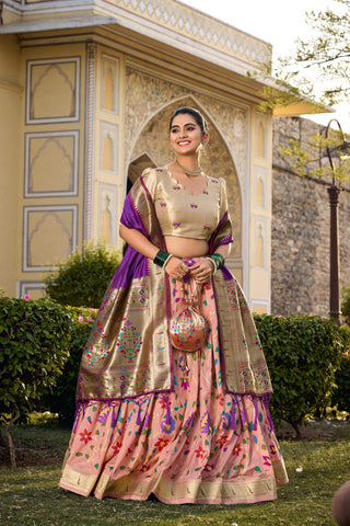 Lorenvalley Fashion Peach Jacquard Silk Paithani Weaving Zari Work Lehenga Choli with Dupatta