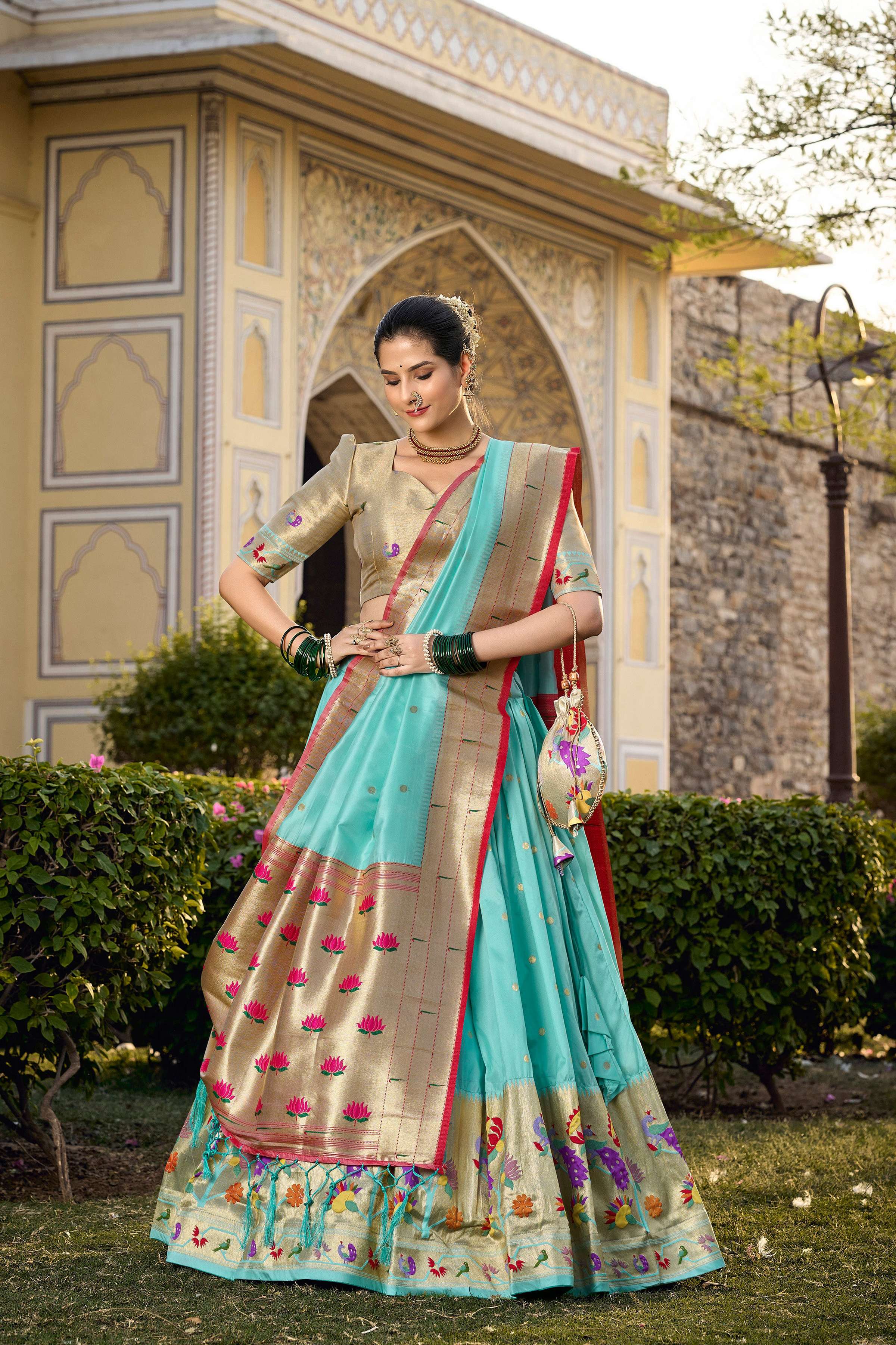 Lorenvalley Fashion Skyblue Jacquard Silk Paithani Weaving Zari Work Lehenga Choli with Dupatta
