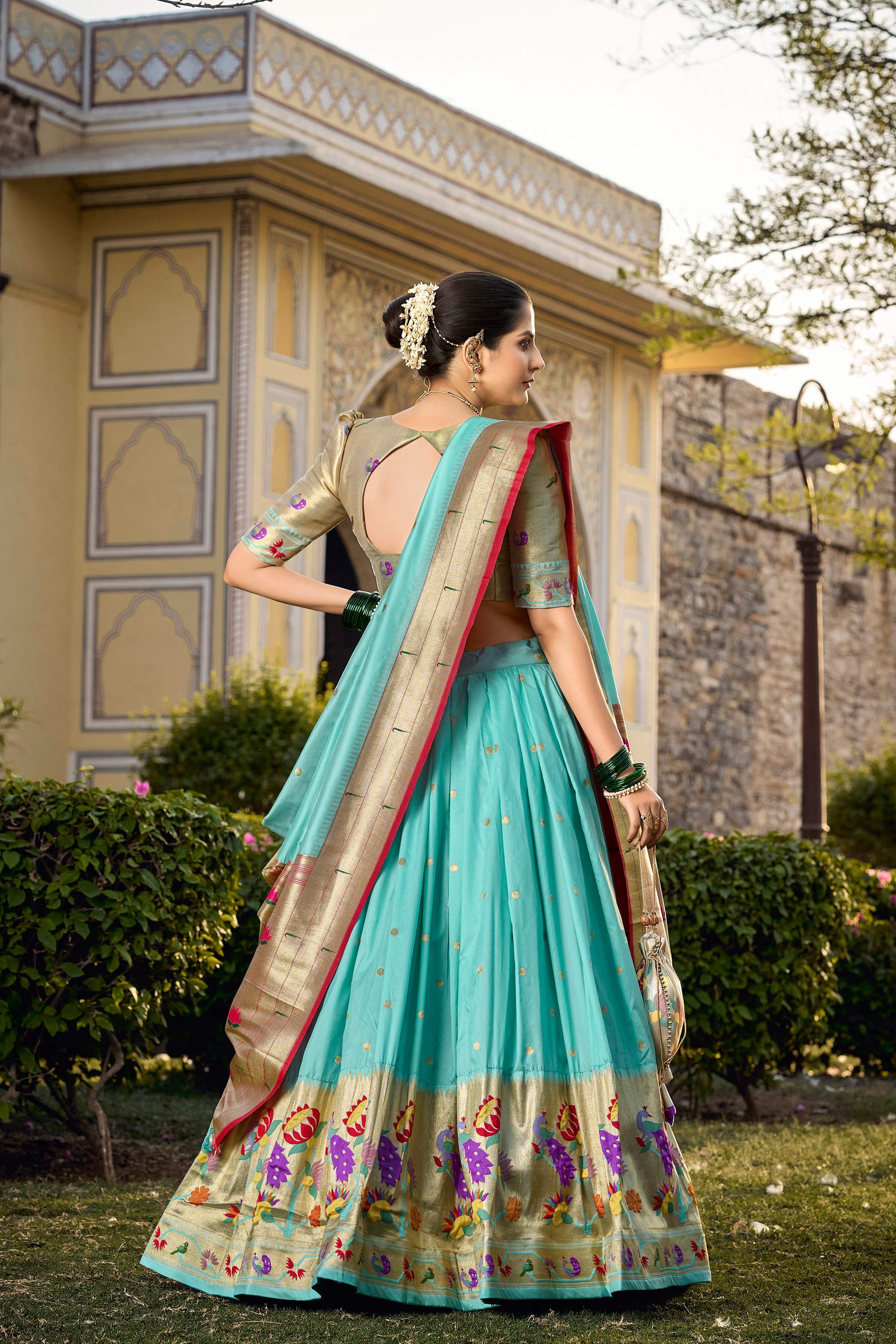 Lorenvalley Fashion Skyblue Jacquard Silk Paithani Weaving Zari Work Lehenga Choli with Dupatta