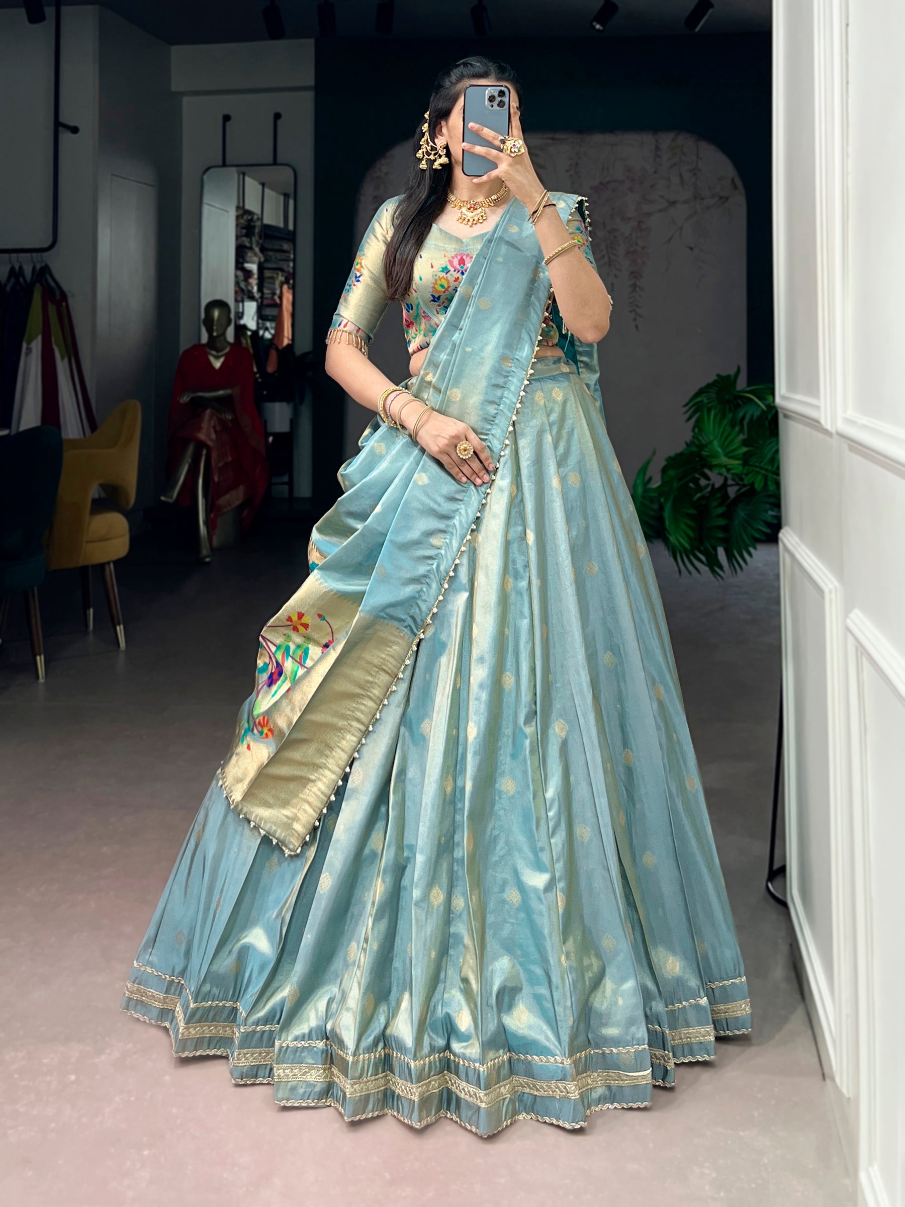 Lorenvalley Fashion Skyblue Shimmer Zari Weaving Work With Less Touch Up Lehenga Choli With Dupatta - Dista