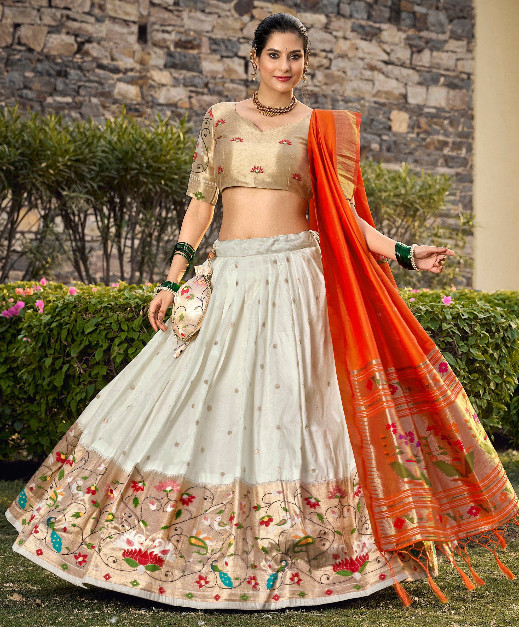 Lorenvalley Fashion White Jacquard Silk Paithani Weaving Zari Work Lehenga Choli with Dupatta - Distacart