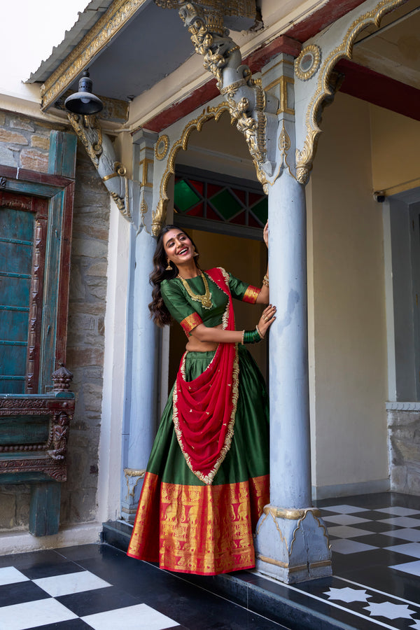Lorenvalley Green Narayan Pattu Fabric with Zari Weaving Work Lehenga Choli - Distacart