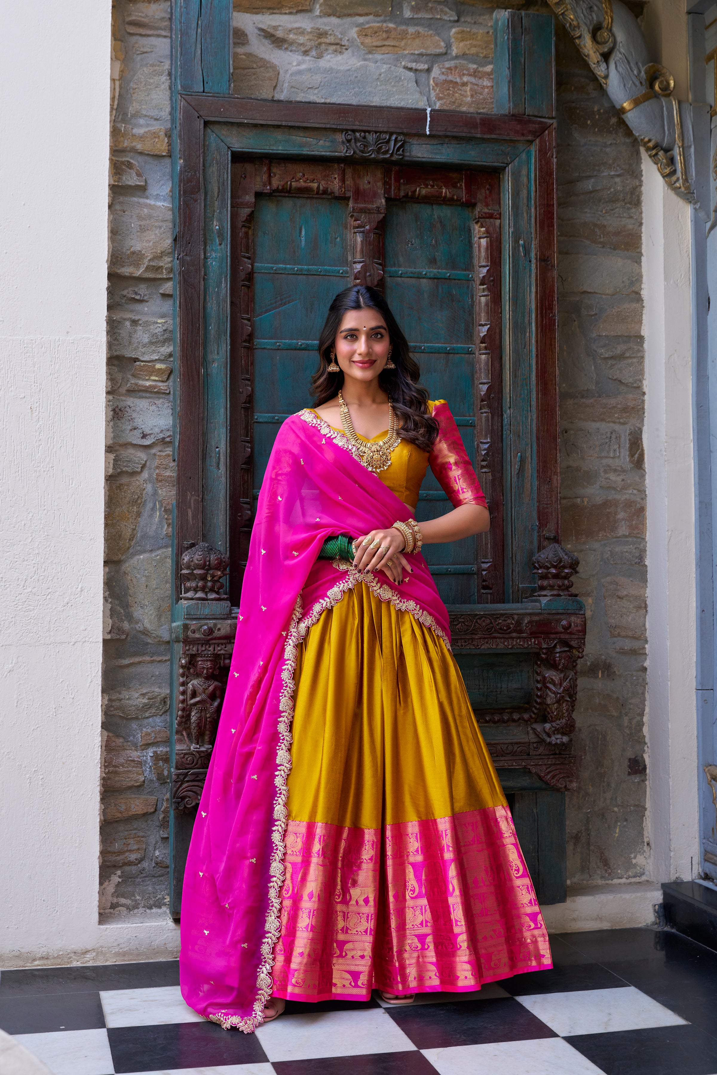 Lorenvalley Mustard Narayan Pattu Fabric with Zari Weaving Work Lehenga Choli - Distacart
