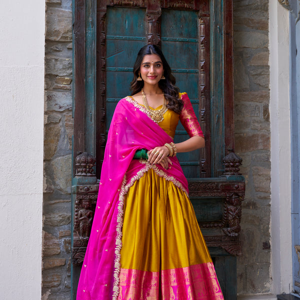 Lorenvalley Mustard Narayan Pattu Fabric with Zari Weaving Work Lehenga Choli - Distacart