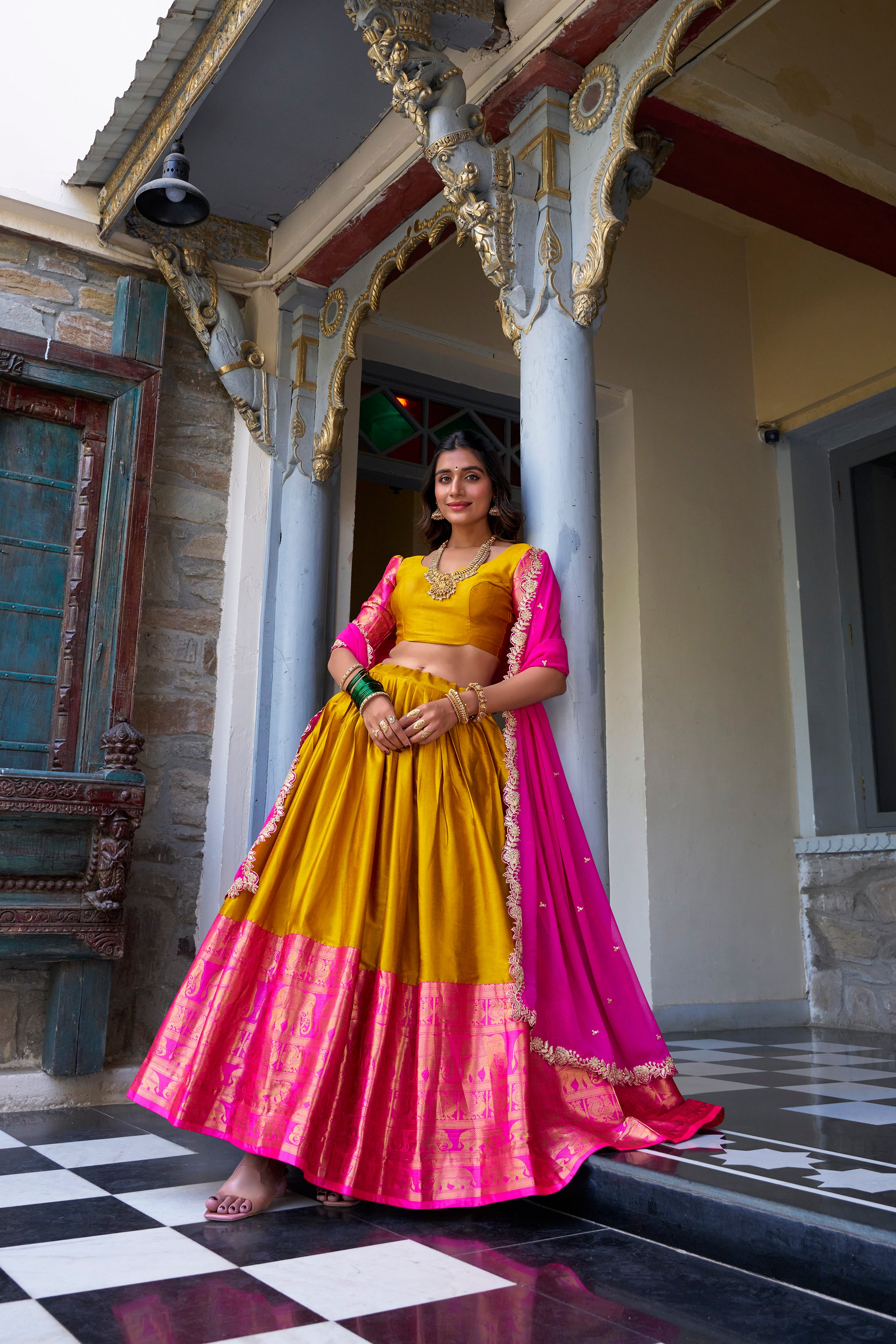 Lorenvalley Mustard Narayan Pattu Fabric with Zari Weaving Work Lehenga Choli - Distacart