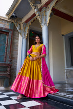 Thumbnail for Lorenvalley Mustard Narayan Pattu Fabric with Zari Weaving Work Lehenga Choli - Distacart
