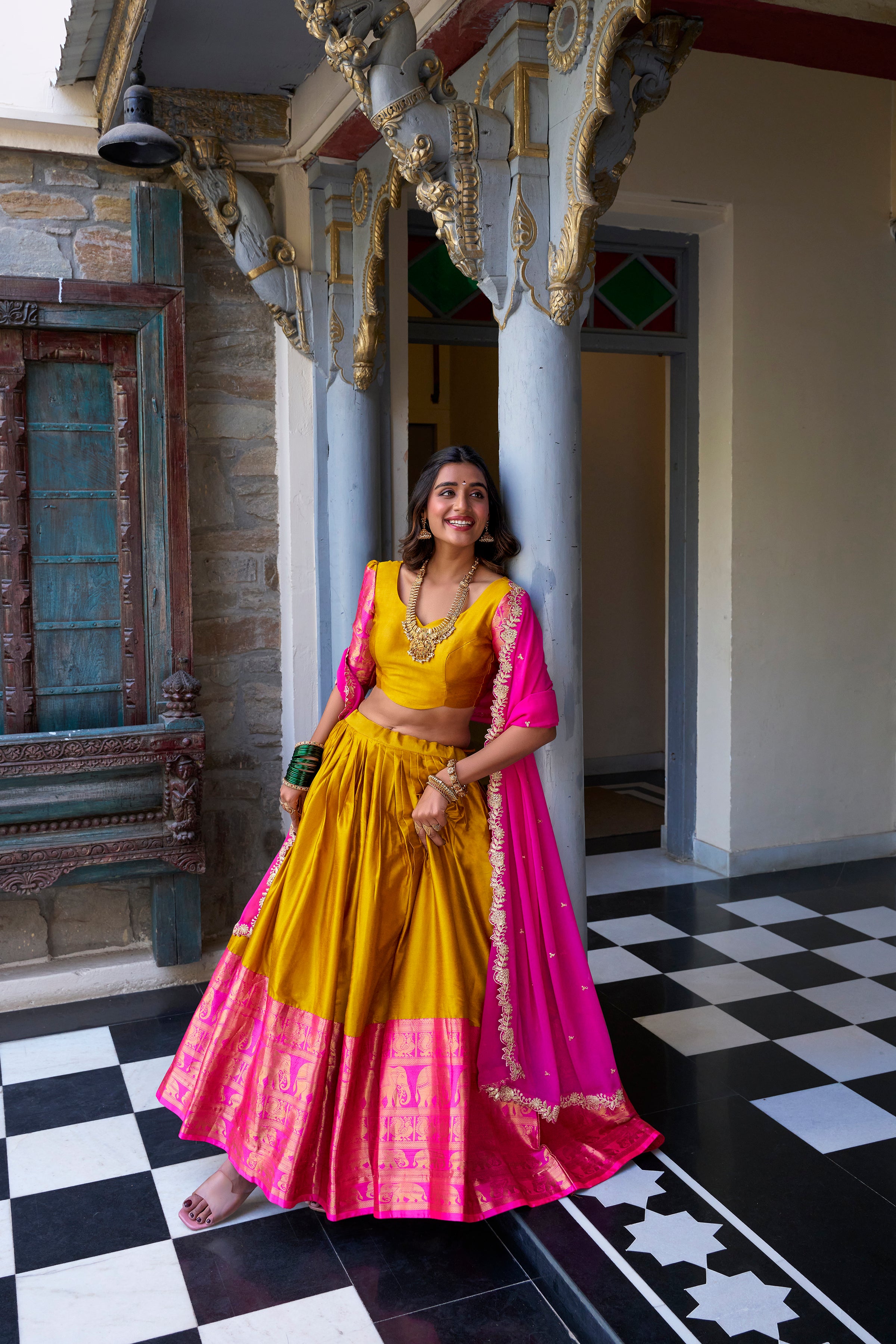 Lorenvalley Mustard Narayan Pattu Fabric with Zari Weaving Work Lehenga Choli - Distacart