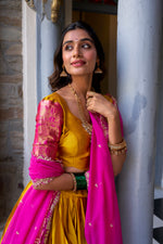 Thumbnail for Lorenvalley Mustard Narayan Pattu Fabric with Zari Weaving Work Lehenga Choli - Distacart