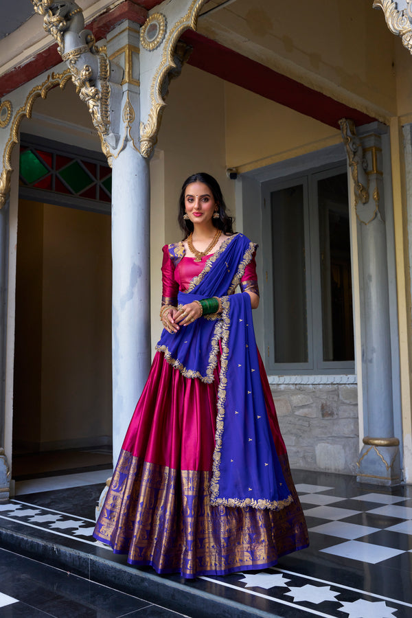 Lorenvalley Pink Narayan Pattu Fabric with Zari Weaving Work Lehenga Choli - Distacart