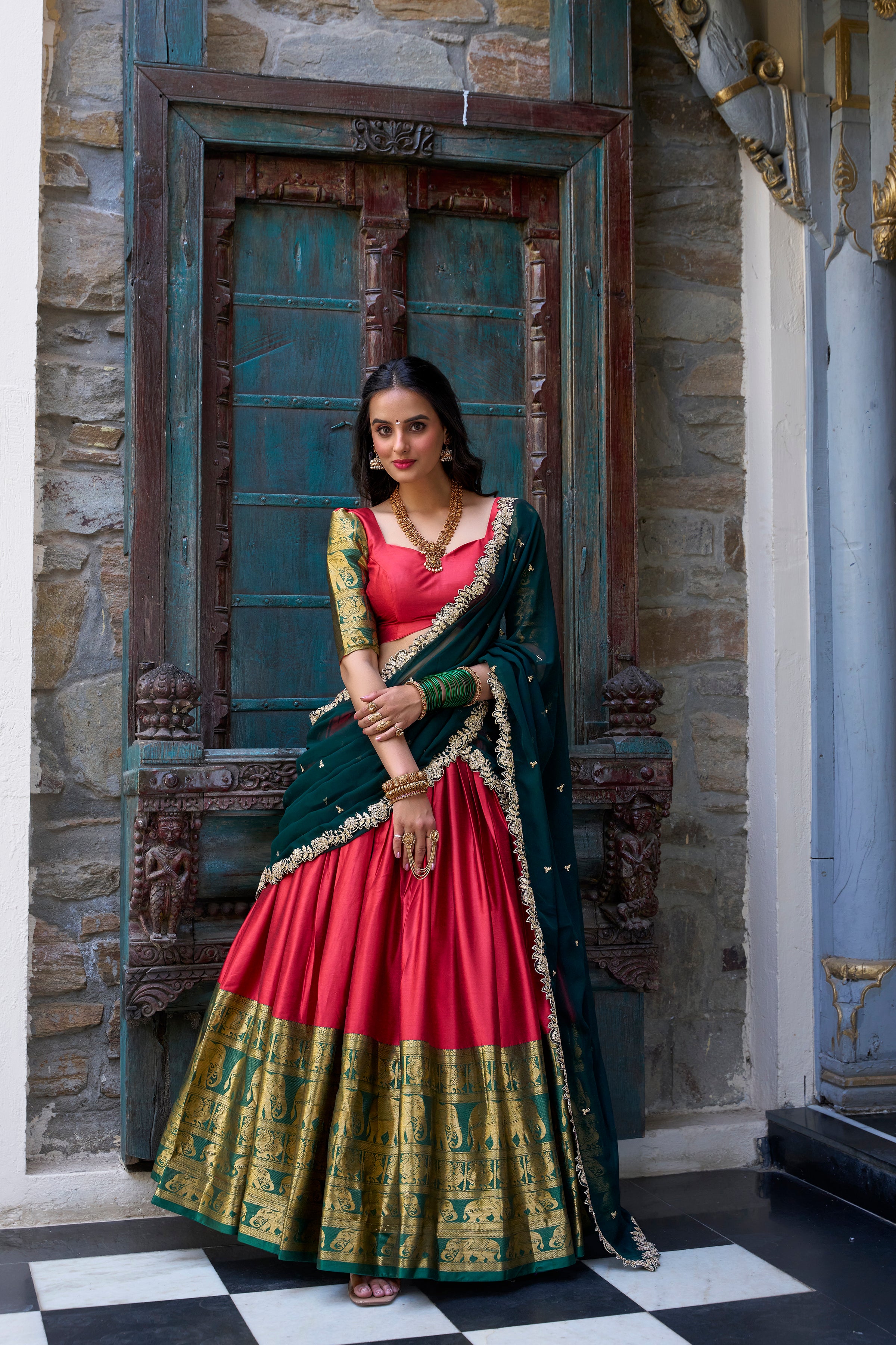 Lorenvalley Red Narayan Pattu Fabric with Zari Weaving Work Lehenga Choli - Distacart