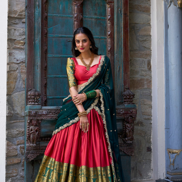 Lorenvalley Red Narayan Pattu Fabric with Zari Weaving Work Lehenga Choli - Distacart