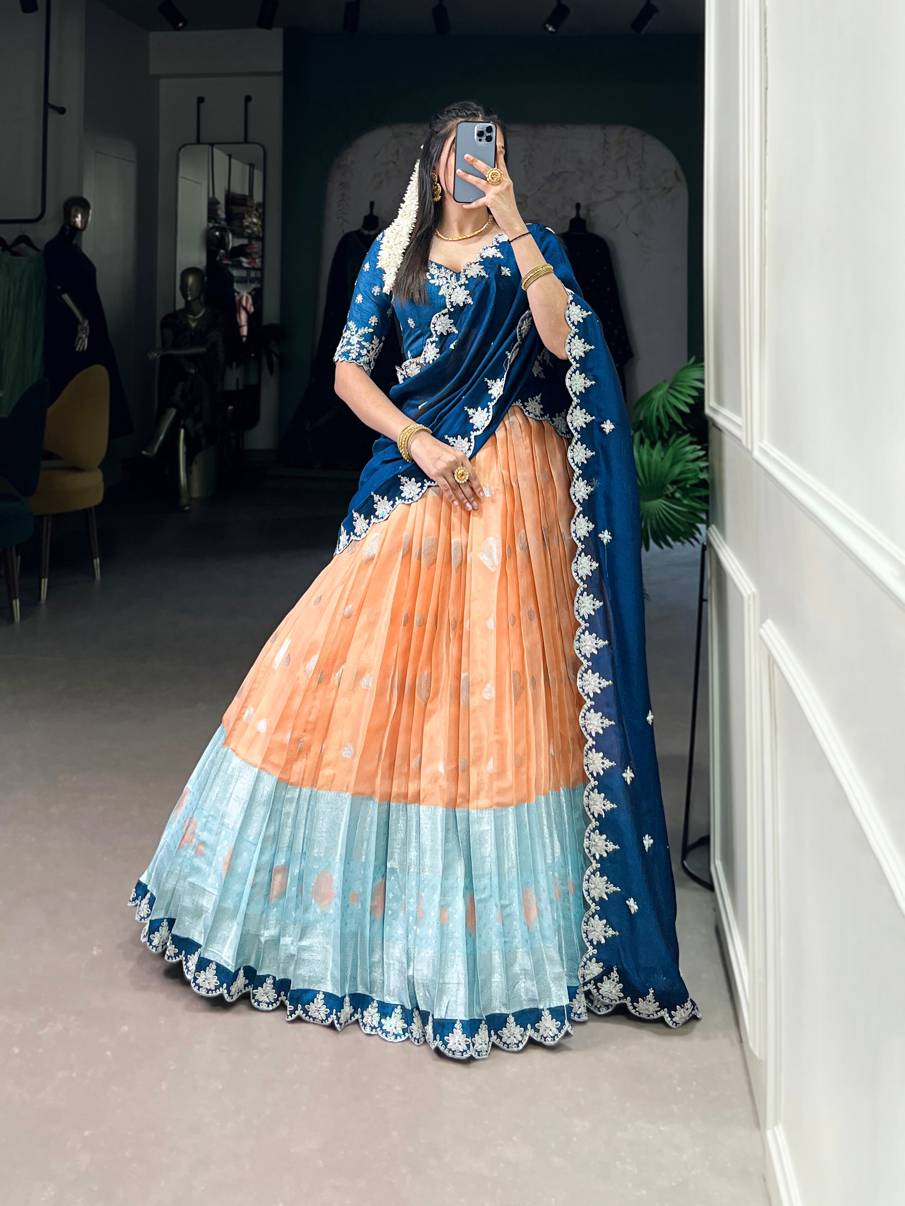 Lorenvalley Orange Zari Kota Zari Weaving Work With Sequins and Thread Embroidery Scallop Lace Border Lehenga Choli with Dupatta - Distacart