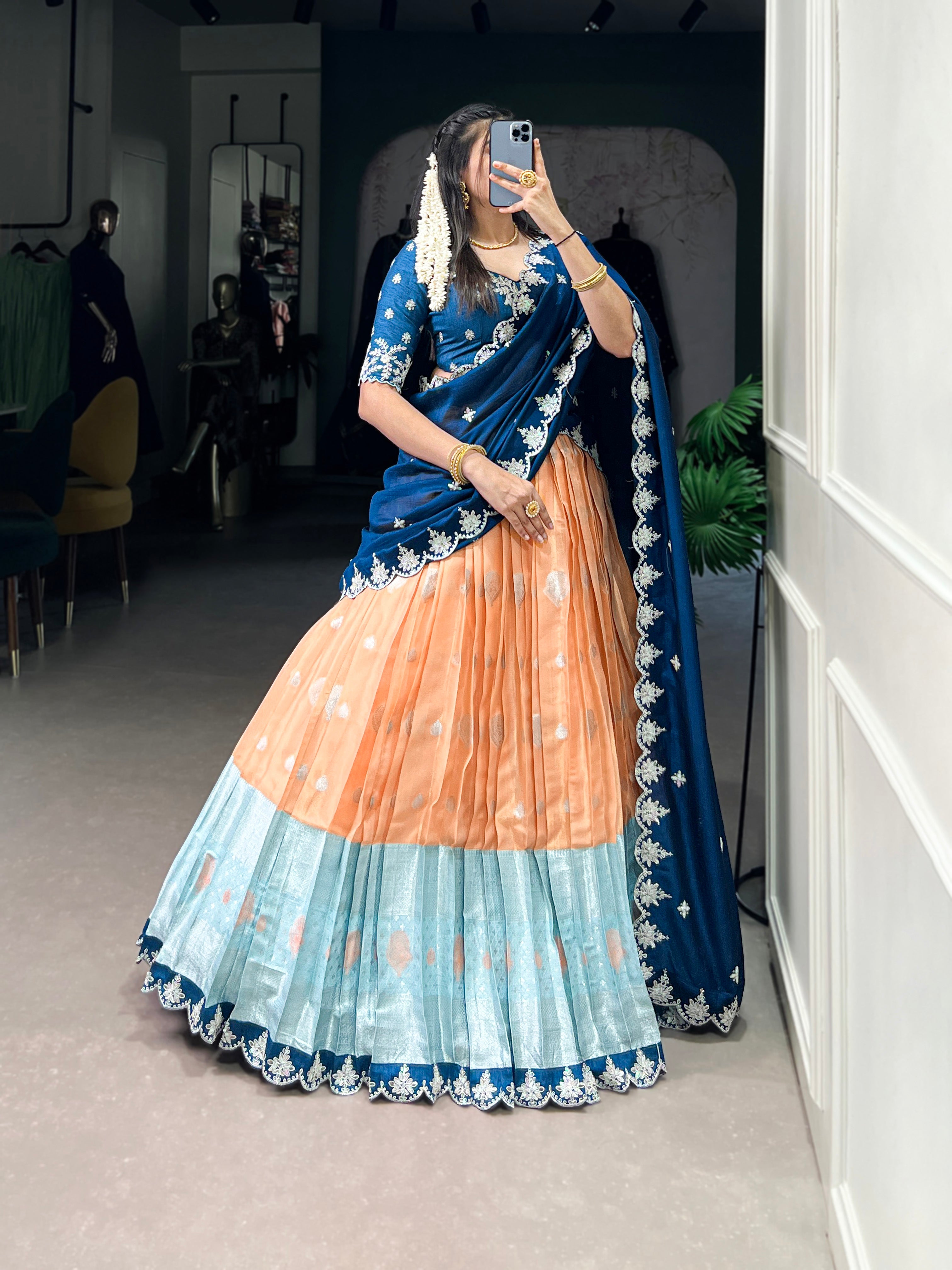 Lorenvalley Orange Zari Kota Zari Weaving Work With Sequins and Thread Embroidery Scallop Lace Border Lehenga Choli with Dupatta - Distacart