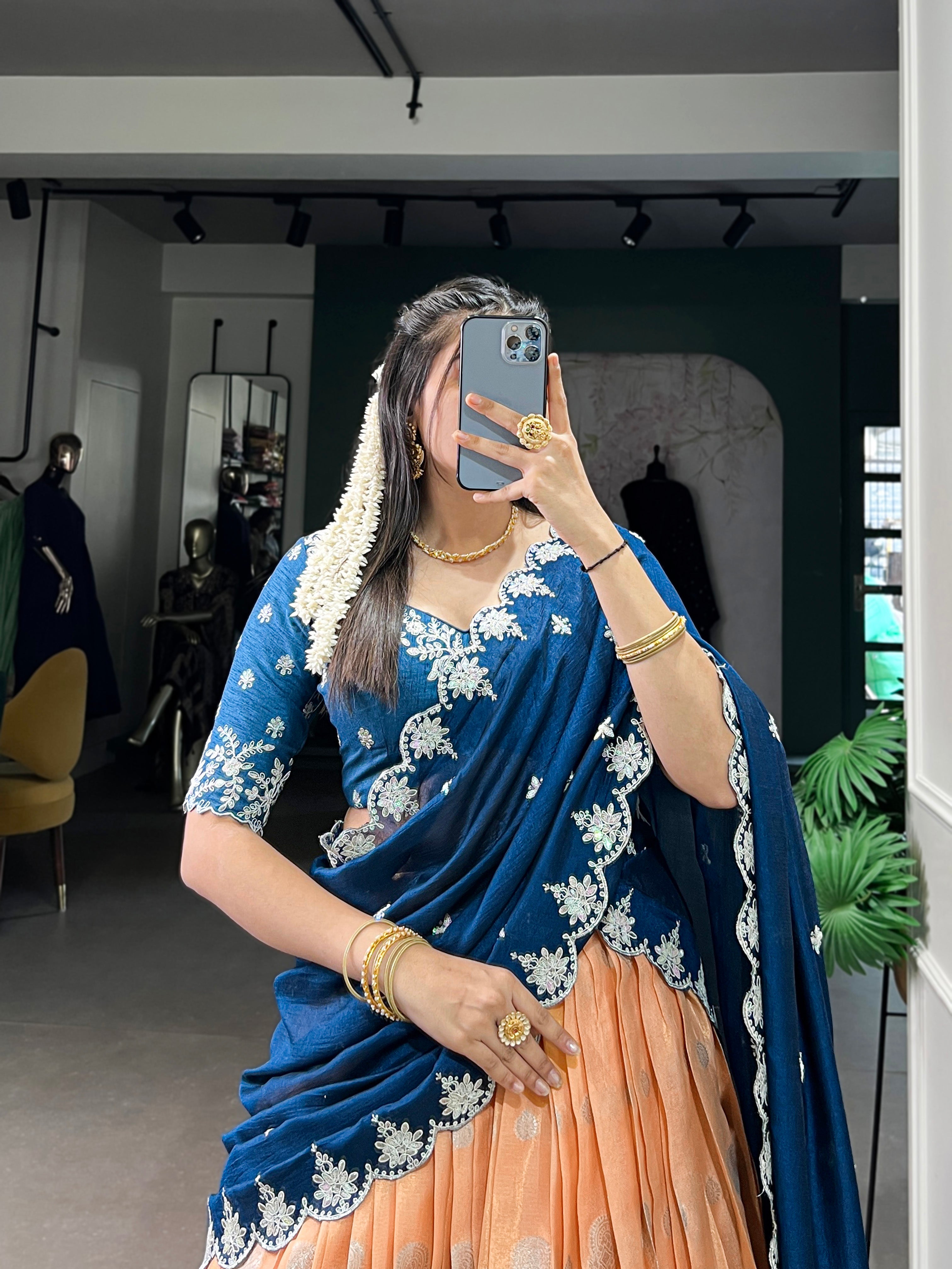 Lorenvalley Orange Zari Kota Zari Weaving Work With Sequins and Thread Embroidery Scallop Lace Border Lehenga Choli with Dupatta - Distacart