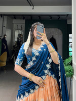 Thumbnail for Lorenvalley Orange Zari Kota Zari Weaving Work With Sequins and Thread Embroidery Scallop Lace Border Lehenga Choli with Dupatta - Distacart