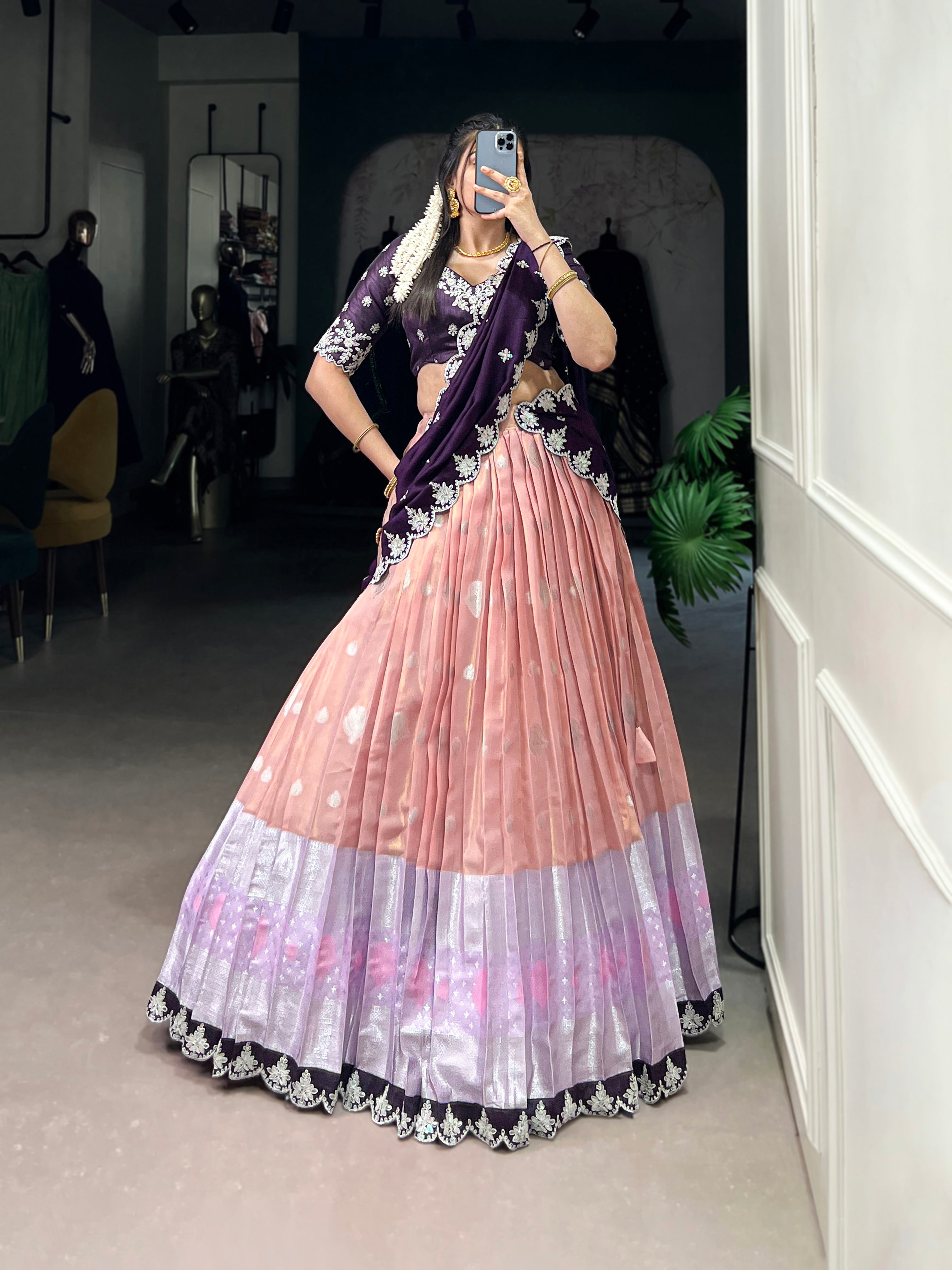 Lorenvalley Peach Zari Kota Zari Weaving Work With Sequins and Thread Embroidery Scallop Lace Border Lehenga Choli with Dupatta - Distacart