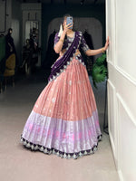 Thumbnail for Lorenvalley Peach Zari Kota Zari Weaving Work With Sequins and Thread Embroidery Scallop Lace Border Lehenga Choli with Dupatta