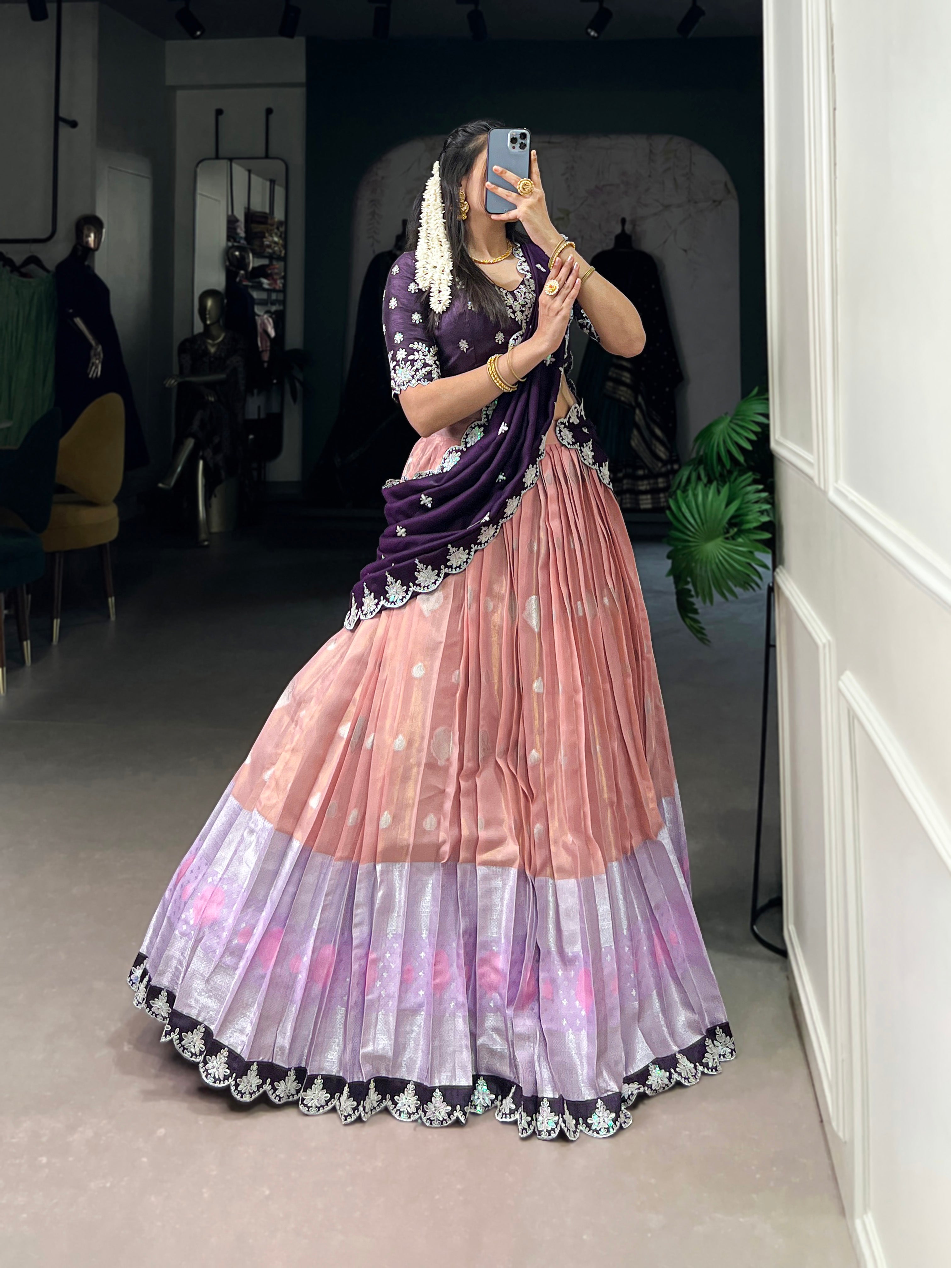 Lorenvalley Peach Zari Kota Zari Weaving Work With Sequins and Thread Embroidery Scallop Lace Border Lehenga Choli with Dupatta