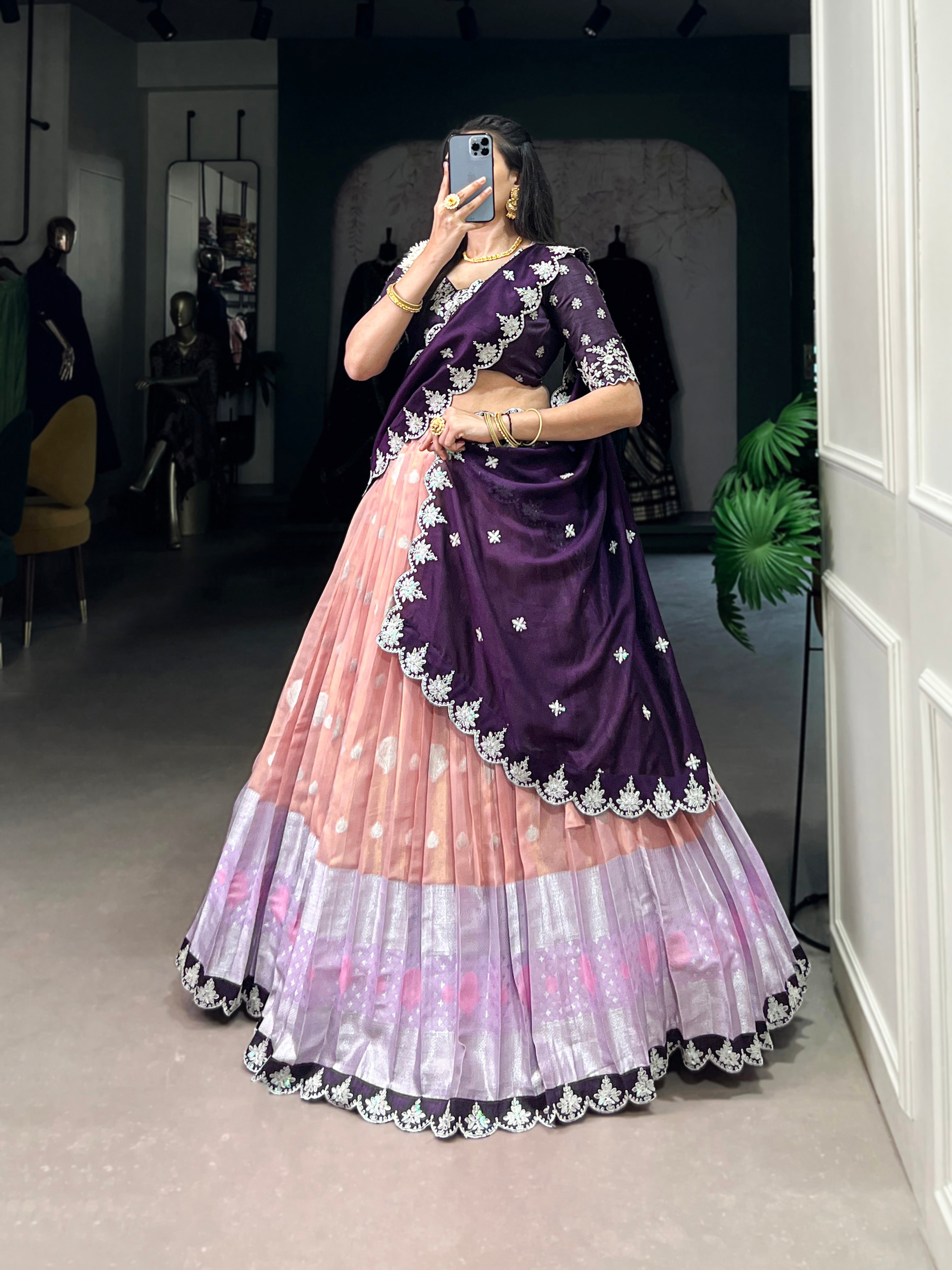 Lorenvalley Peach Zari Kota Zari Weaving Work With Sequins and Thread Embroidery Scallop Lace Border Lehenga Choli with Dupatta