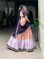 Thumbnail for Lorenvalley Peach Zari Kota Zari Weaving Work With Sequins and Thread Embroidery Scallop Lace Border Lehenga Choli with Dupatta