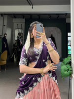 Thumbnail for Lorenvalley Peach Zari Kota Zari Weaving Work With Sequins and Thread Embroidery Scallop Lace Border Lehenga Choli with Dupatta