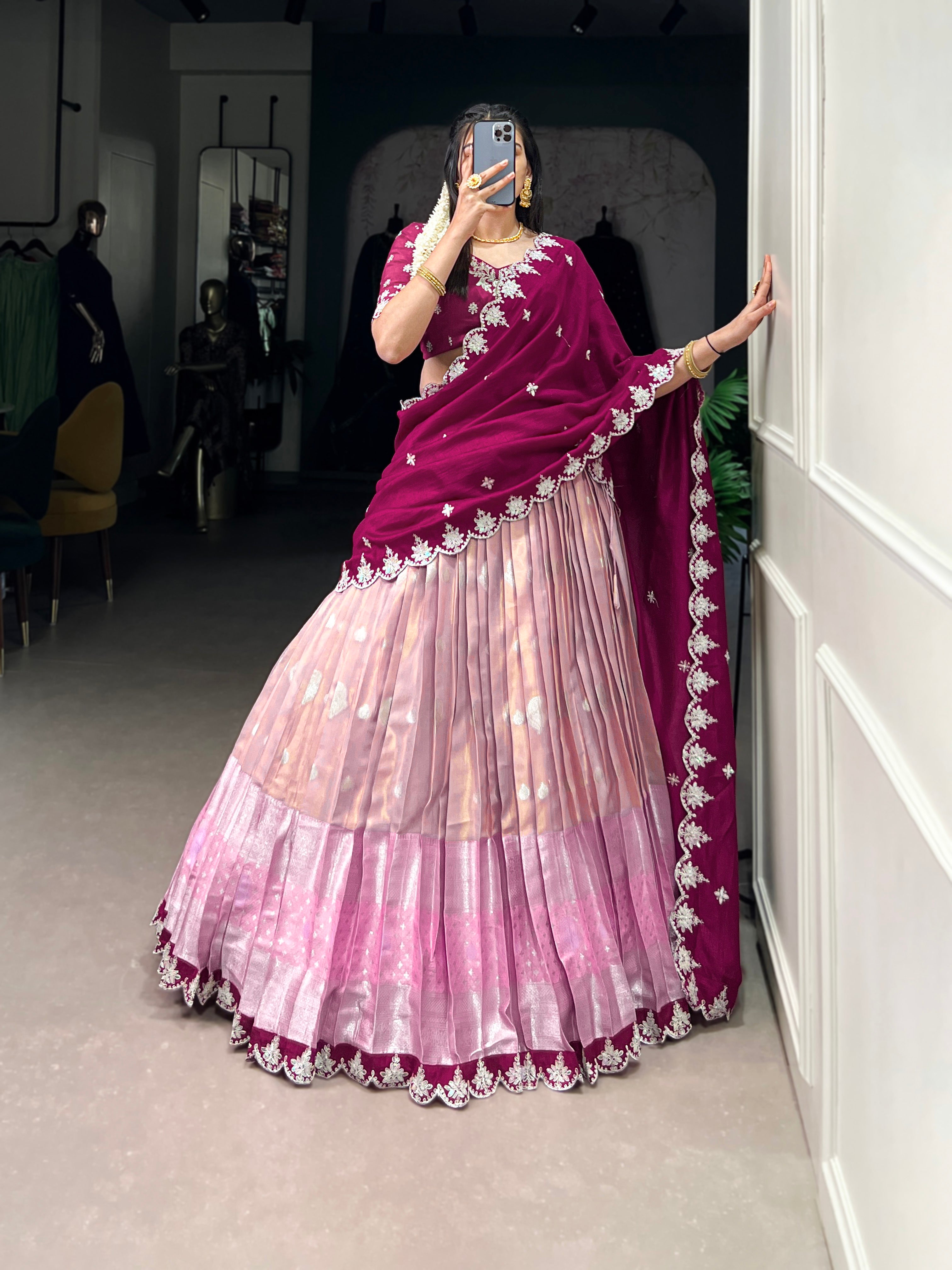 Lorenvalley Pink Zari Kota Zari Weaving Work With Sequins and Thread Embroidery Scallop Lace Border Lehenga Choli with Dupatta - Distacart