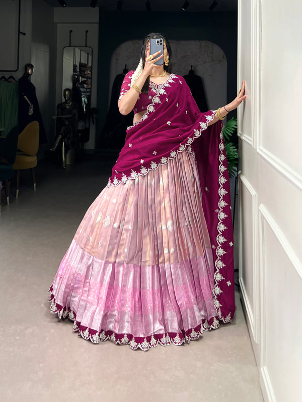 Lorenvalley Pink Zari Kota Zari Weaving Work With Sequins and Thread Embroidery Scallop Lace Border Lehenga Choli with Dupatta