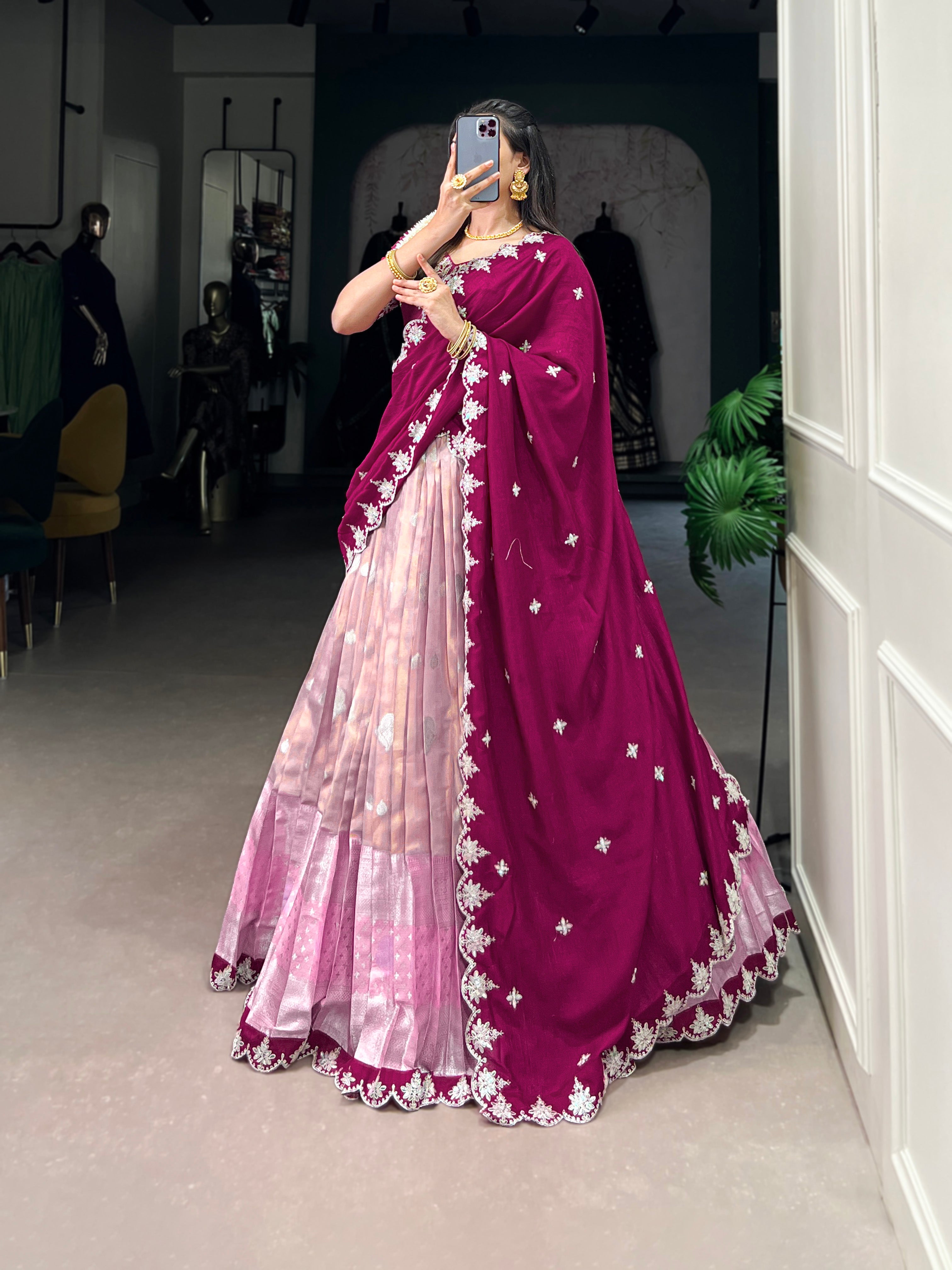Lorenvalley Pink Zari Kota Zari Weaving Work With Sequins and Thread Embroidery Scallop Lace Border Lehenga Choli with Dupatta