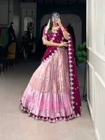 Thumbnail for Lorenvalley Pink Zari Kota Zari Weaving Work With Sequins and Thread Embroidery Scallop Lace Border Lehenga Choli with Dupatta