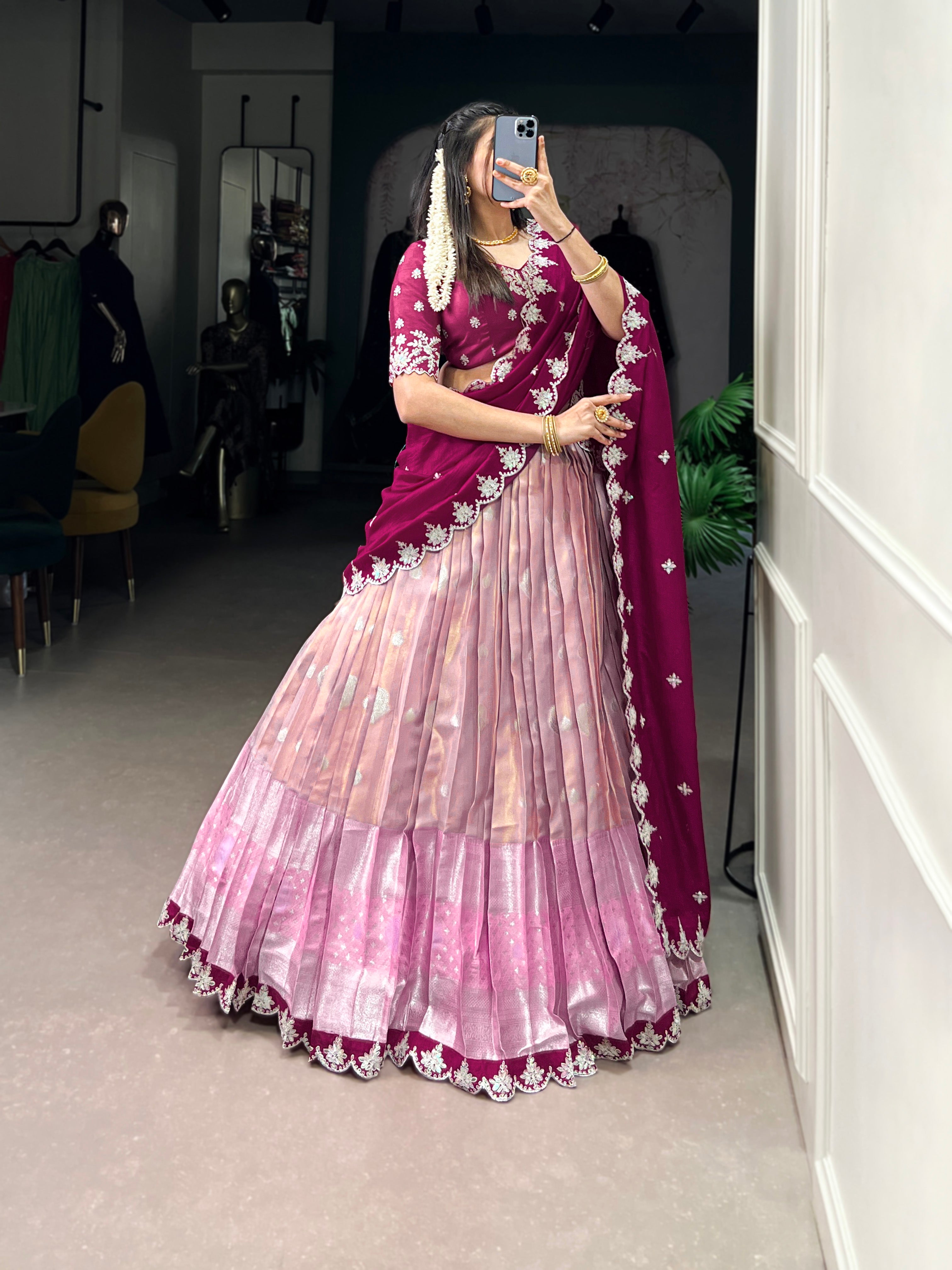 Lorenvalley Pink Zari Kota Zari Weaving Work With Sequins and Thread Embroidery Scallop Lace Border Lehenga Choli with Dupatta