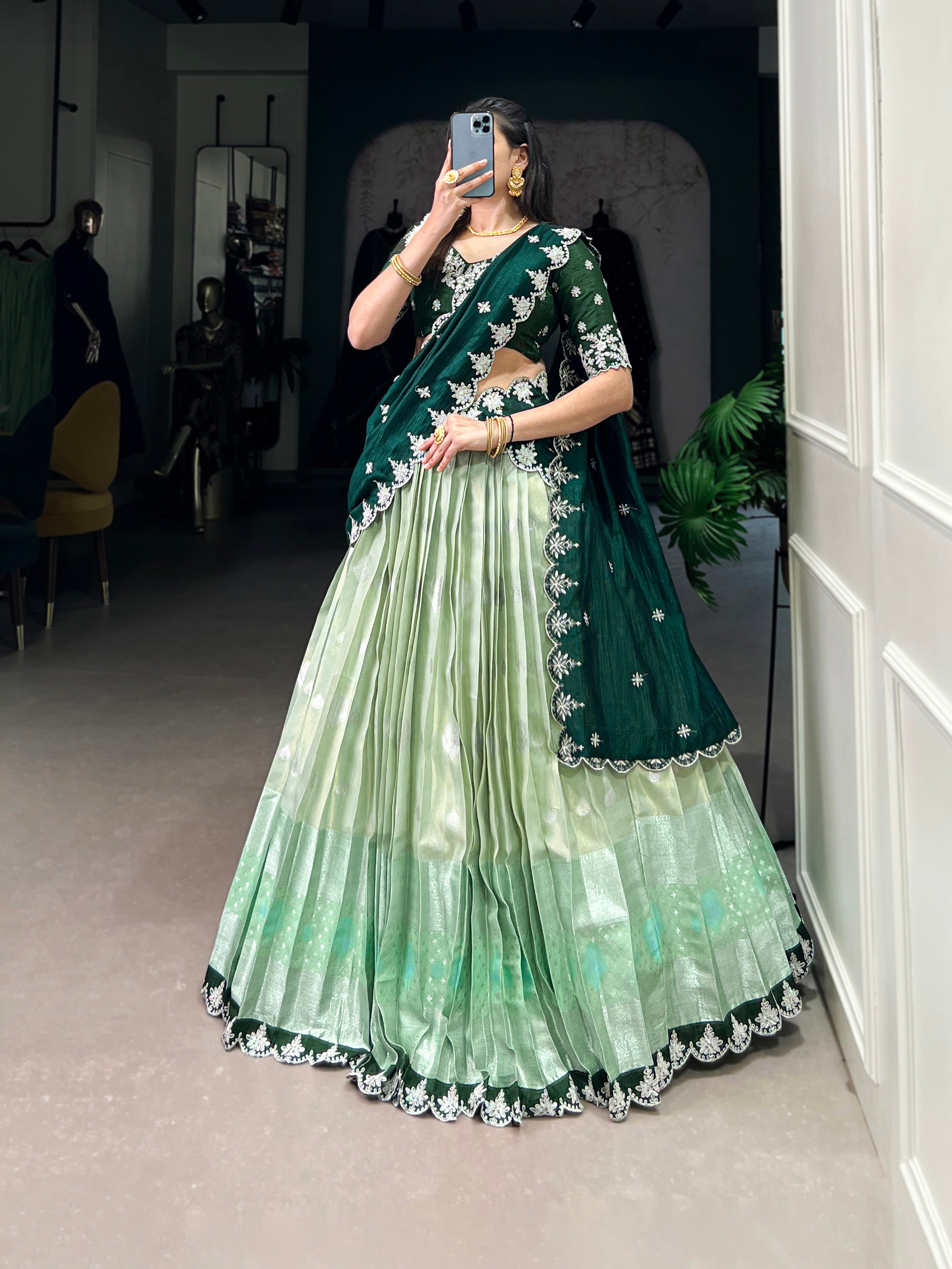 Lorenvalley Pista Zari Kota Zari Weaving Work With Sequins and Thread Embroidery Scallop Lace Border Lehenga Choli with Dupatta