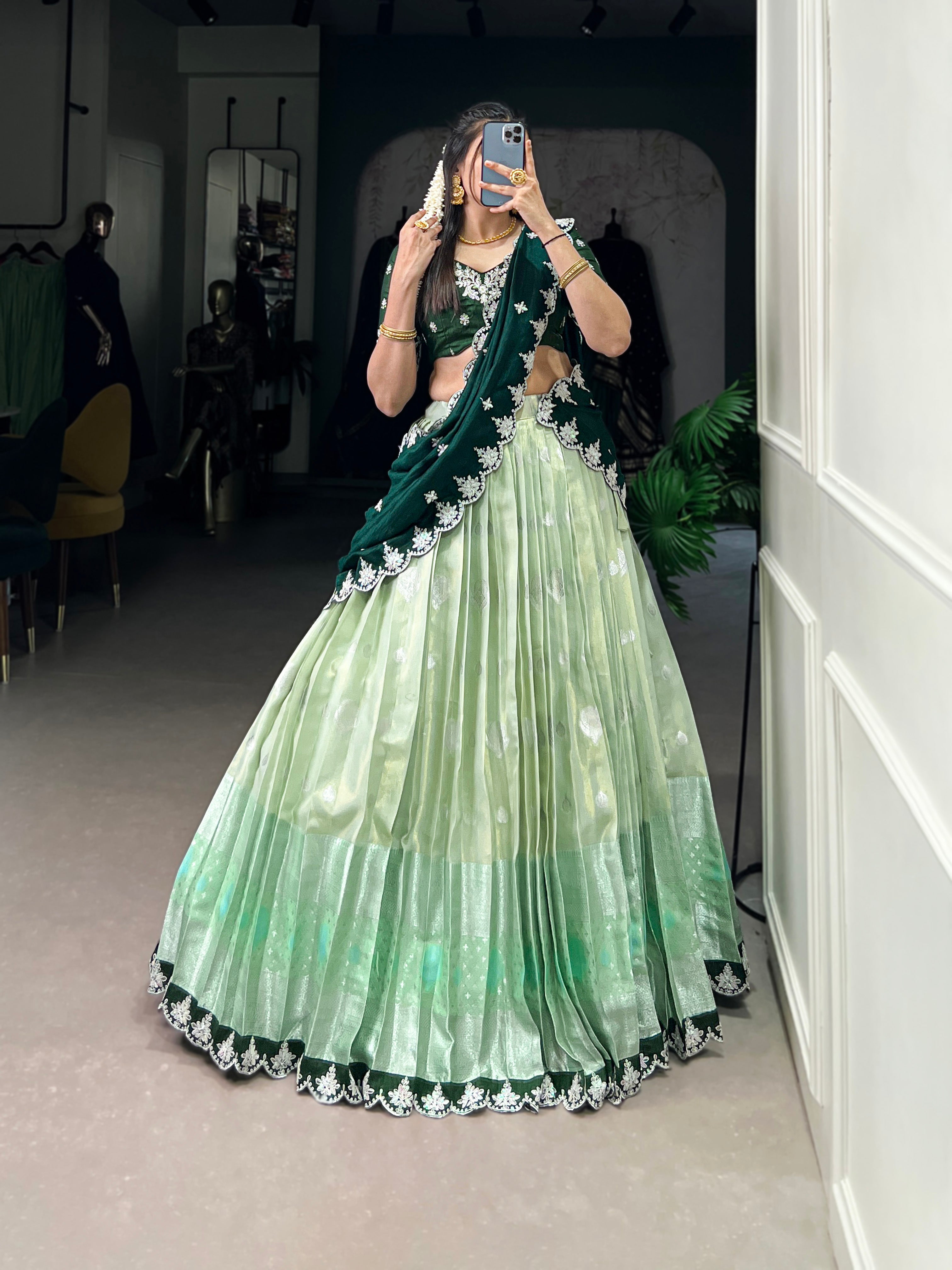 Lorenvalley Pista Zari Kota Zari Weaving Work With Sequins and Thread Embroidery Scallop Lace Border Lehenga Choli with Dupatta