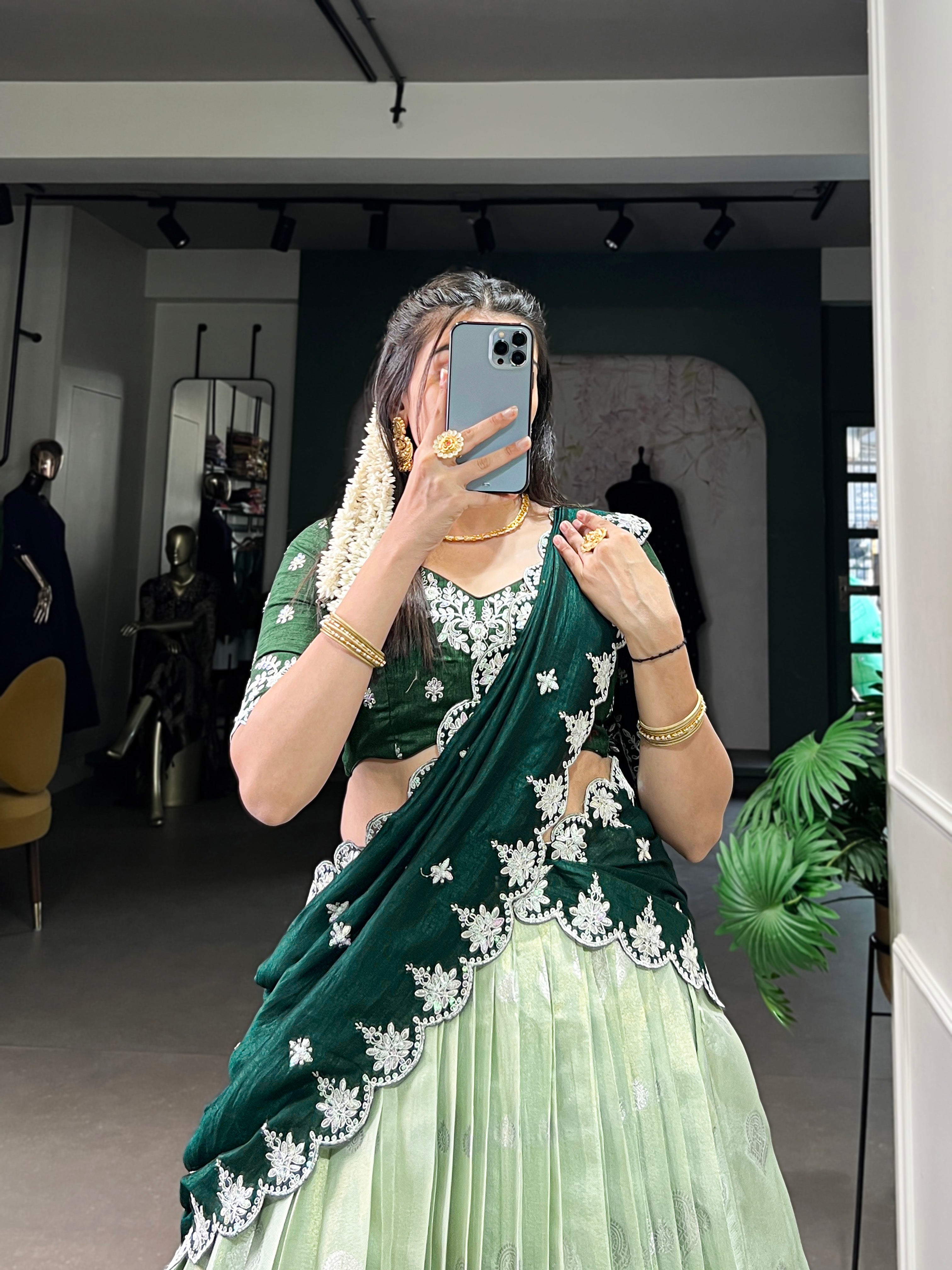 Lorenvalley Pista Zari Kota Zari Weaving Work With Sequins and Thread Embroidery Scallop Lace Border Lehenga Choli with Dupatta