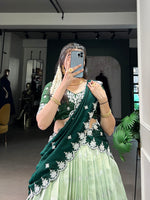 Thumbnail for Lorenvalley Pista Zari Kota Zari Weaving Work With Sequins and Thread Embroidery Scallop Lace Border Lehenga Choli with Dupatta