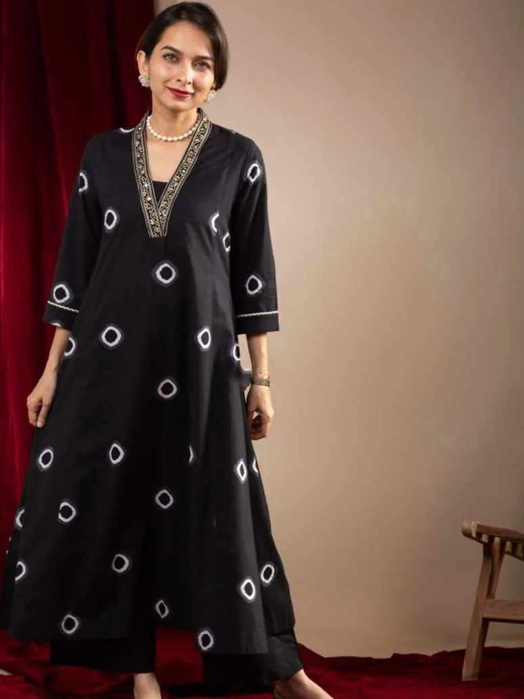 Kalini Geometric Printed V-Neck Pure Cotton A-Line Kurta With Palazzos - Distacart