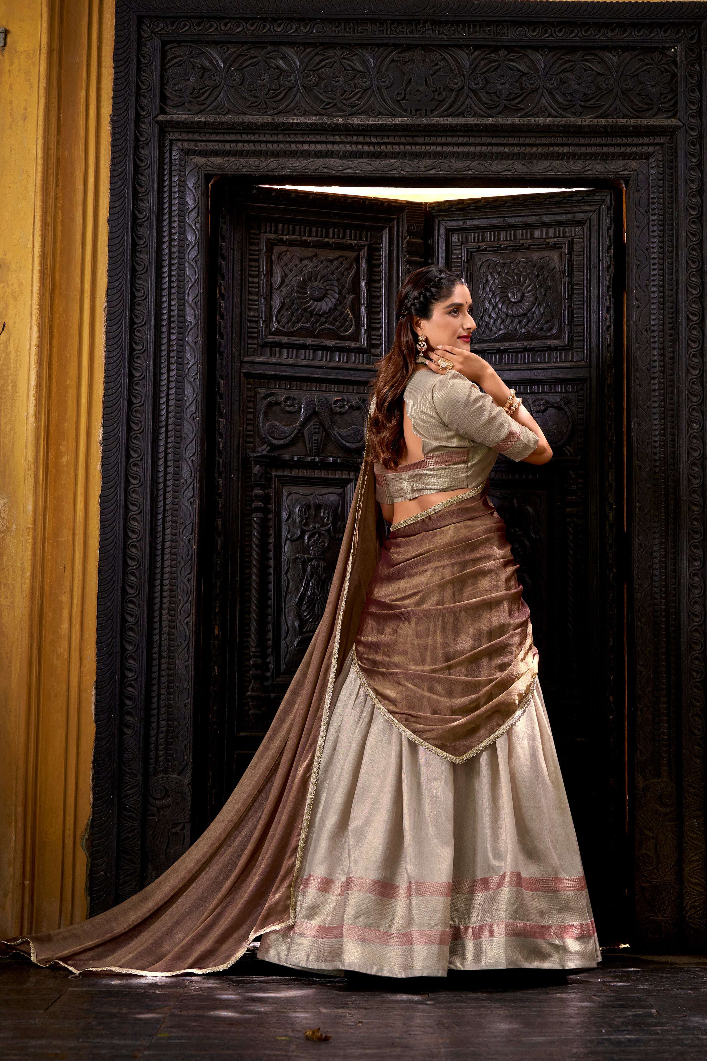 Evanik Traditional Cream Dupion Silk With Zari Weaving Work Fully Stitched Lehenga Choli - Distacart
