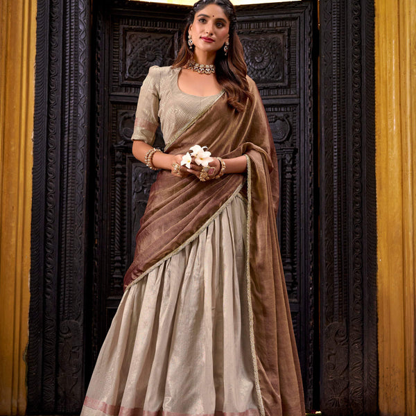 Evanik Traditional Cream Dupion Silk With Zari Weaving Work Fully Stitched Lehenga Choli - Distacart