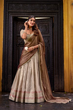 Thumbnail for Evanik Traditional Cream Dupion Silk With Zari Weaving Work Fully Stitched Lehenga Choli - Distacart