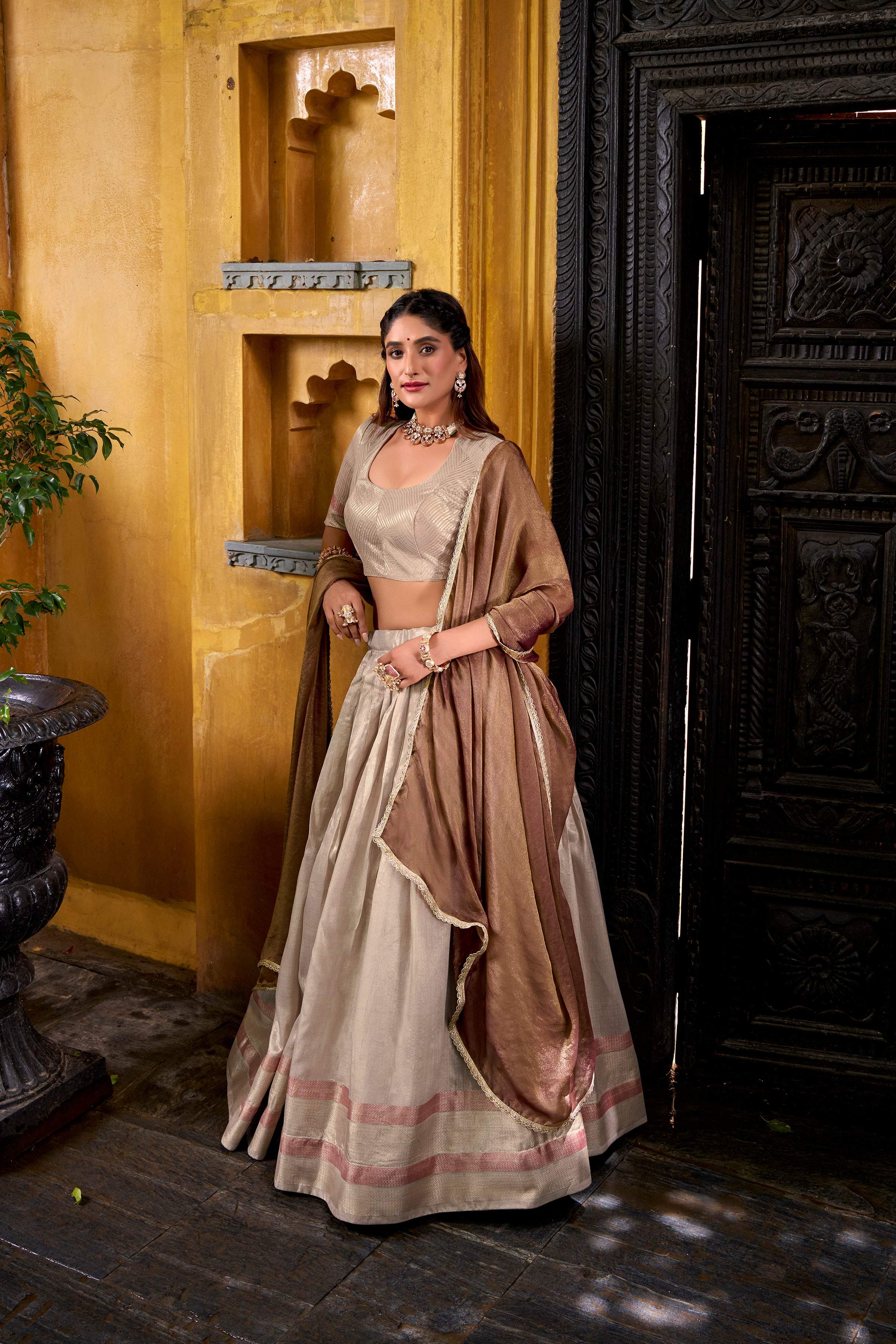 Evanik Traditional Cream Dupion Silk With Zari Weaving Work Fully Stitched Lehenga Choli - Distacart