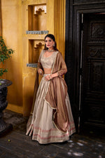Thumbnail for Evanik Traditional Cream Dupion Silk With Zari Weaving Work Fully Stitched Lehenga Choli - Distacart