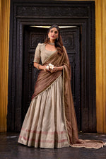 Thumbnail for Evanik Traditional Cream Dupion Silk With Zari Weaving Work Fully Stitched Lehenga Choli - Distacart
